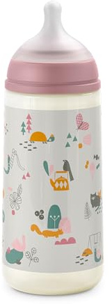 Suavinex, Biberón 360 ml. Biberón con tetina simétrica SX Pro de silicona de flujo rápido (L). Con válvula anticólica. Silicona fina ultra suave. Para bebés, +6 Meses. Walk Rosa