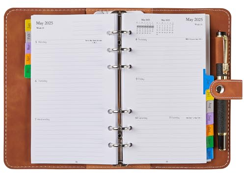 Kalender 2025 Personal A6 Nachfüllbar, Terminplaner/Wochenplaner Ringbuch mit Tabs, Tasche, Stiftschlaufe, Softcover Taschenkalender 1 Woche 2 Seiten, Klein Organizer mit Notizen Kontakt, Jan-Dez