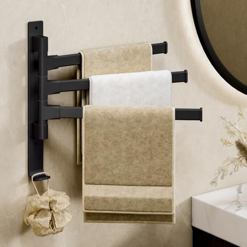 yozhch Kitchen Swivel Towel Rack Wall Mounted, Bathroom Rotating Small Towel Rack, Lavatory Swing Hand Towel Holder Folding Bar, Nail-free or Drilled Mounting Options, 3 Arm Length 32cm Black