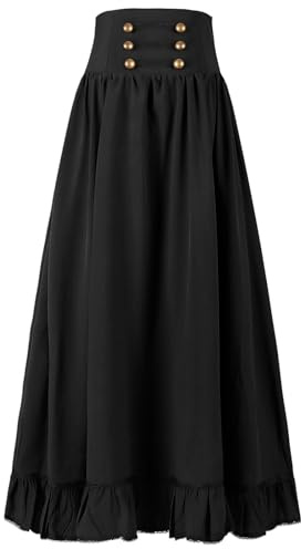 Jupe Longue Victorienne Medievale Femme A-Line Taille Haute Jupe Longue Rétro avec Cordon de Serrage Jupe Plissée Taille Élastique Longues Jupes Elégante Jupe Longue trapèze Médiévale Femme, Noir/S