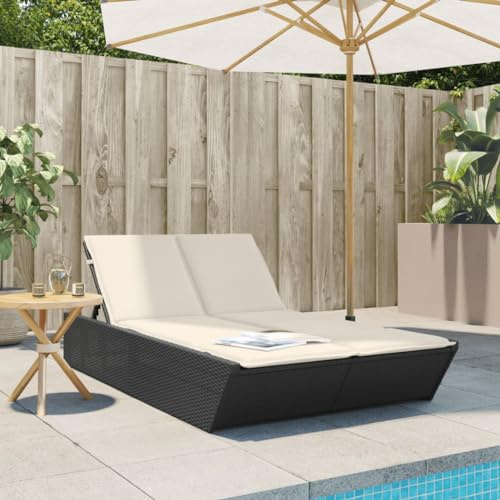 IKAYAA Cama Exterior Jardin, Cama Balinesa, Tumbona Doble de Ratán Regulable y Respaldo Reclinable, Cama Jardin, Sofá Cama Doble para Jardín, Patio, Negro