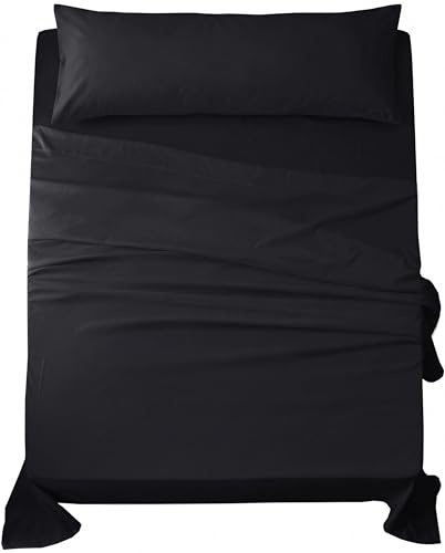 Sábanas 135x190 - Juego de Sábanas 3 Piezas - 100% Microfibra Suave y Transpirable - Sábana Bajera Ajustable, Encimera y Funda Almohada - Ropa de Cama Ligera (Negro)