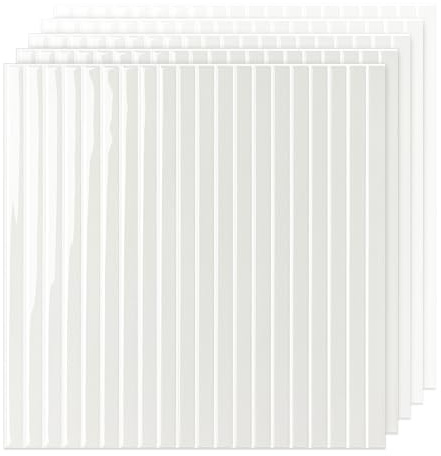 Select 5 Pack Peel and Stick Backsplash Tiles, Vinyl Self Adhesive Back Splash Stick OnTiles for Kitchen & Bathroom, Linear Design 12” x 12” Wall Tiles, Stone White