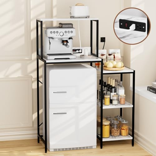 QieerHior Mini Fridge and Microwave Stand Cabinet Shelf Organizer for Dorm, 5 Tiers Adjustable Over Mini Fridge Storage Bakers Rack with Power Outlet for Kitchens, Coffee Bar for Office,Marble-look