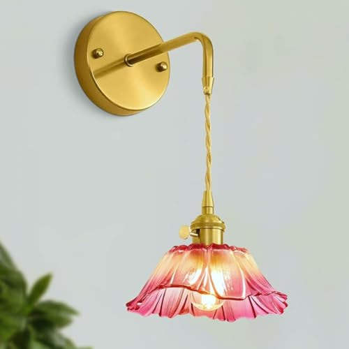 LOGT Flor de Oro Lámpara de Pared con Interruptor Aplique de Cristal de Interior Iluminación de Pared Vintage Rústico Lámpara de Salón Decoración E27 Base Luminaria de Cabecera Florentina Pantalla