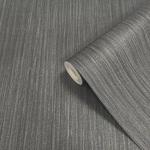 SOPHIE LAURENCE Charcoal Grey Wallpaper Textured Black Gold Metallic Stripe Plain Living Room