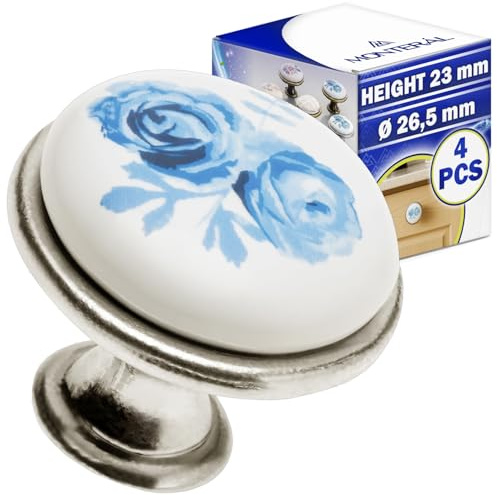 MONTERAL 4 Pezzi Pomelli per Mobili Ø26,5 mm H23 mm - Motivo Rose Azzurre - Pomelli Cucina Realizzato in Lega di Zinco-Alluminio in Color Argento Antico e Porcellana Bianca - Garanzia di 10 Anni