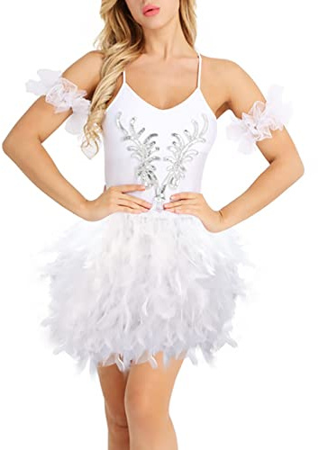 Generisch Abito da balletto da donna, per adulti, elegante in tulle, con paillette, senza maniche, con spalline sottili, con piume, body da balletto, gonna in tulle, O bianco., S