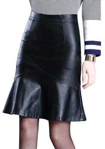 Women Autumn Winter Pu Leather Trumpet Skirt Office Lady Elegant High Waist Knee Length Skirts Black XXL
