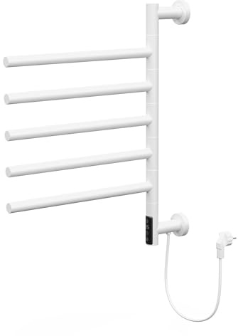 LuxeBath Scaldasalviette Elettrico con 5 Bracci Girevoli a 180°, Bianco Lucido in Acciaio, 75W, Timer 0,5-9h e Display Touch Digitale, Radiatore da Bagno IPX4, 450x622 mm, Portasciugamani a Parete