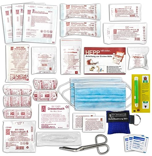 HM KFZ Auto-Verbandkasten - Füllung nach neuer DIN 13164 für KFZ - mit Zeckenzange, Notfallbeatmungshilfe