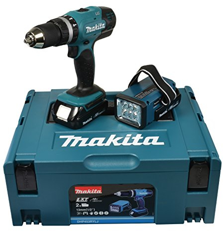 Makita Akku-Schlagbohrschrauber 18 V/ 1, 5 Ah inklusive Akku-Lampe, DHP453RYLJ Schwarz / Blau