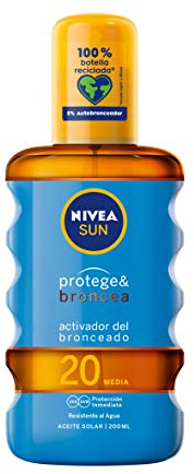 NIVEA SUN Protege & Broncea - Aceite Solar Doble Efecto FP20 - Protección Solar UVA/UVB Inmediata - Activador de Melanina Patentado, Sin Autobronceador - Resistente al agua - Todo Tipo de Piel - 50 ml