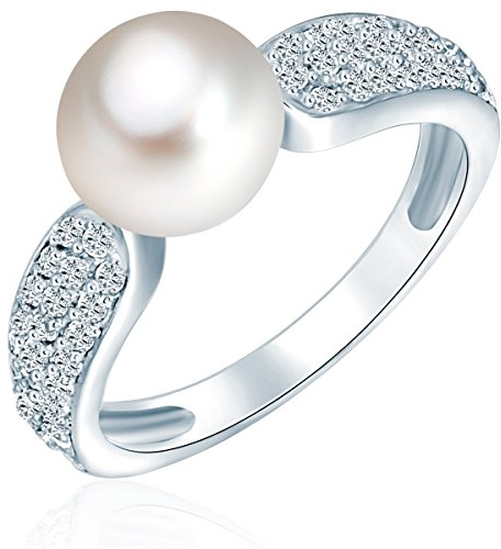 Valero Pearls Damen Perlenring aus 925/- Sterling Silber mit Süßwasser-Zuchtperle 8-9 mm Weiß Buttonförmig Zirkonia Silberring Damenring