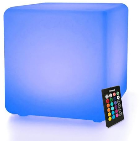 MR.GO 40,6 cm - Impermeable - LED - Cubo - Taburete con cambio de color - Lámpara de ambiente - Cubo de asiento con mando a distancia - 16 colores - Regulable y recargable - RGB - Luz nocturna
