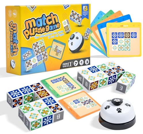 Wooden Matching Game Puzzle Games, Pattern Block Match Puzzles Building Cubes with Bell for Kids and Adults Toys Board Games for Family Night