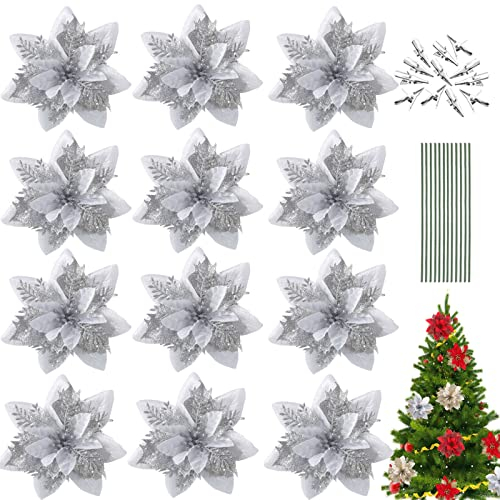 12 Stück Weihnachten Funkeln Weihnachtsstern Blumen, Glitzer Deko Weihnachtsblumen mit Clips + Vorbauten, Glitzer Weihnachtsblume Hochzeit Weihnachtsbaum Weihnachtstürkranz (Silber)