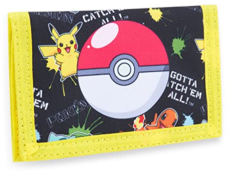 Pokemon Kids Trifold Wallet with Zipped Coin Compartment and Clear ID Pocket (Black/Yellow)