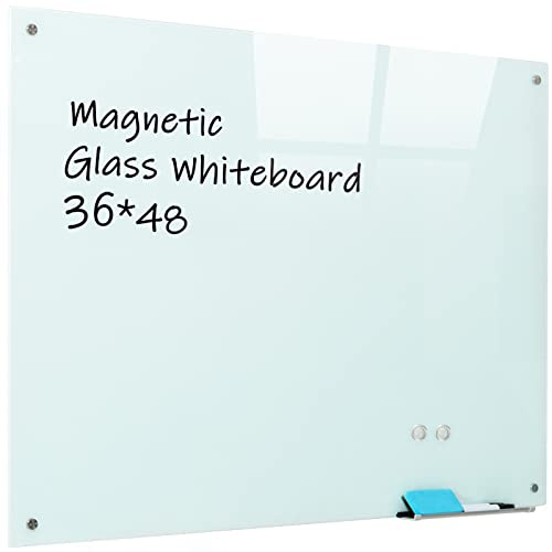 Magnetic Glass Whiteboard, 36x48(90x120cm) Frameless Dry Erase Board White Board Surface Wall Mounted for Office, Classroom & Home