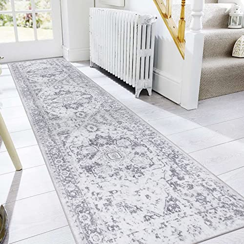 Famibay Hallway Runner Non Slip Runner Rugs for Hallway 60x300cm Extra Long Washable Light Grey Vintage Kitchen Hall Carpet Floor Rugs for Entryways Bedroom Laundry