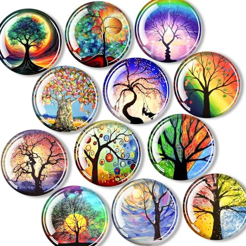DARUITE 12 Pcs Fridge Magnets, Tree of Life Pattern Glass Magnet, Decorative Round Whiteboard Magnets for Cabinets, Refrigerators, Homes, Office