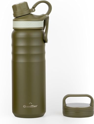 GrandTies 2 Deckel Sport Edelstahl Wasserflasche,709 ml, Wiederverwendbare Wide Mouth Vakuumisolierte Wasserflaschen, kälteste Wasserflasche für Männer und Frauen (Olivgrün, 24 oz)