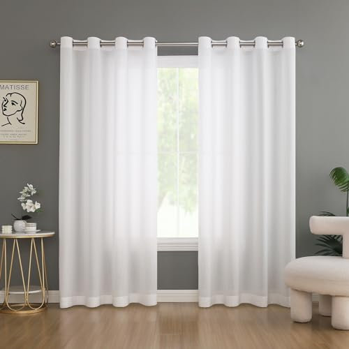 NSXIN 2er Set Sheer Voile Vorhang mit Ösen Halbtransparent Optik Gardine Vorhänge Transparent Luftig Durchsichtig Fensterschal Dekoschal für Schlafzimmer Wohnzimmer (Weiß,137 X 140cm(H x B))