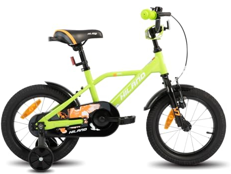 HILAND 14 Zoll Kinderfahrrad für Jungen 3 4 5 Jahre mit Stützrädern, Handbremse und Rücktrittbremse Grün