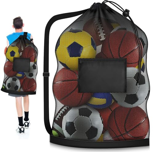 Hoiny Extra Large Soccer Ball Bag, 40 x 30 Drawstring Mesh Ball Bag with Pocket, Heavy Duty Sport Net Sack for Coaches, Storage Bag for Basketball, Volleyball, Gym Equipment, Swimming Gear (1)