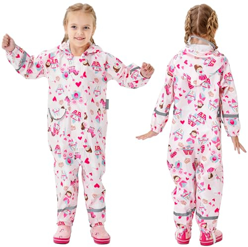 Fewlby Kids Puddle Suit Girls Rain Suit All in One Waterproof Overalls Toddler Muddy Suit Hooded Raincoat Cartoon Unicorn Rainwear 5-7 Years L Size
