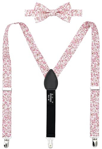 BELLUNO Boys' Floral Suspenders and Bow Tie Set, Pre-Tied Cotton Bowtie and Adjustable Suspenders for Boys - Pink