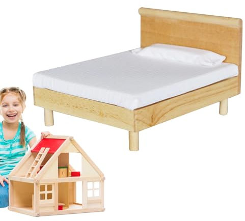 shpuuyy Puppenhausbett, Miniatur-Puppenhausbett,Spielzeugbett Miniaturmöbel - Puppenhausmöbel im Maßstab 1:12, Puppenbettwäsche aus mit Matratze und Kissen, Puppenhauszubehör