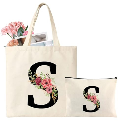 Tarklanda Initial Canvas Tote Bag, Personalized Present Bag with Floral Makeup Bag, Suitable for Wedding, Birthday, Beach, Holiday, Great Gift for Women, Mom, Teachers, Friends, Bridesmaids(S)