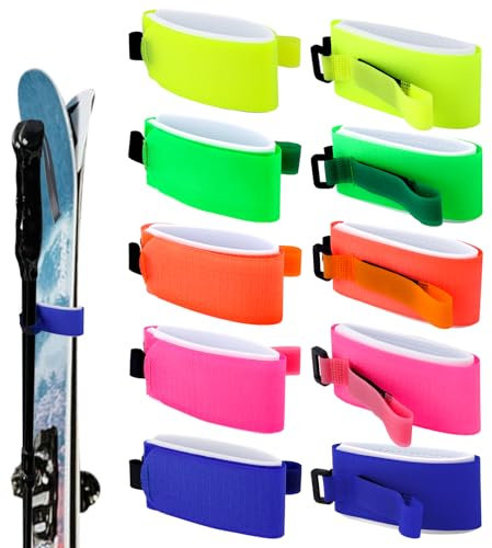 Gosknor 10stk Skigurtverschlüsse, 2-in-1 Skitragegurt für Snowboard Skistöcke Verstellbare Eva-Skibandagen Schutz Skiausrüstungs-Organizer Weihnachts Wintergeschenk (5 Helle Farben)