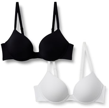 Amazon Essentials Reggiseno Push-Up con Scollo Profondo Foderato in Microfibra Donna, Pacco da 2, Bianco/Nero, 3C