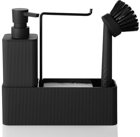 AJEUNGAIN Dispenser Sapone Cucina con Porta Spugna e Spazzola, Dispenser Detersivo Piatti Nero, 4 in 1 Organizer Lavello Cucina (Nero)