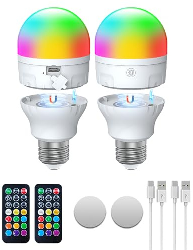 USB-C Aufladbare Glühbirne mit Fernbedienung,AC100-240V E27 LED Lampen 7W,RGBCCT Dimmbar Touch Control Wiederaufladbare Glühbirne mit Timer und Batterie,2000mAh Outdoor Notlicht Mit Magnetische,2 Pack