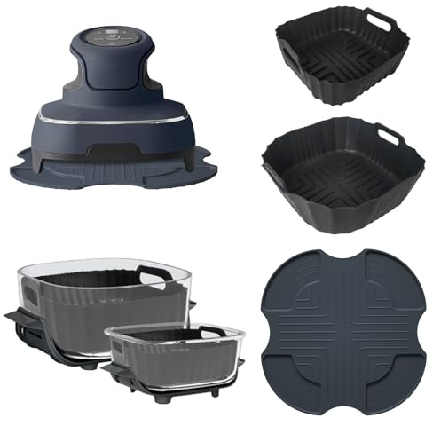 Accesorios Freidora Aire para Ninja Crispi FN101GY, Base Térmica para Freidora Aire Ninja Crispi + 2 Piezas Molde Silicona, Recipiente Air Fryer Reutilizable 3,8 l/1,4 l, Lavable Lavadora