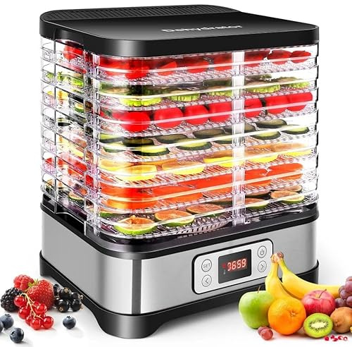 Nictemaw Essiccatore automatico da 400 W, Essiccatore per alimenti con 8 Pallet, Essiccatore per carne, frutta e verdura, temperatura regolabile 35-70 ℃, Argento Nero