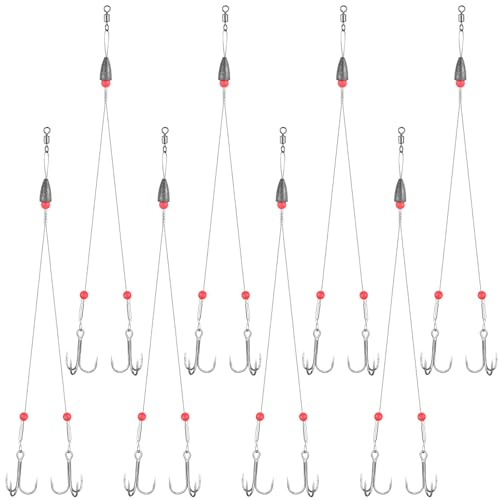 Soulchen 8 Pcs Ice Fishing Tip up Leader Rig Set with Size 1-8 Sharp Hooks, 7.9 Inches Weighted Stainless Steel Sucker Walleye Pike Musky Predator Rig for Ice Angling(Double Hook)