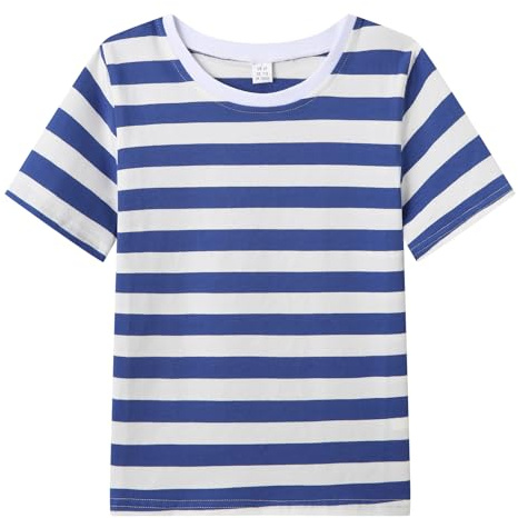 WinZero Maglietta a righe per bambini in morbido cotone a maniche corte con collo tondo, maglietta a righe per ragazzi e ragazze, 4-13 anni, Blu e bianco., 10-11 Anni