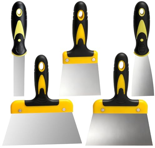 KQDRAVINE spatel set rostfritt stål 5 delar – plattspatel och gips spatel med 0,5 mm blad och halkfritt handtag för renovering väggreparation tapeter borttagning