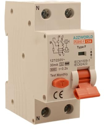Interruttore Differenziale Magnetotermico Tipo F 16A C16, RCBO Tipo F Curva C 6kA 30mA, 1P+N 2 Moduli DIN, Per Pompe di Calore,Climatizzatori,Lavatrici,Motori controllati da Inverter