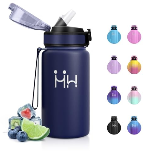 Botella Acero Inoxidable 500ml, Botella Termica con Pajita, Botella Termo sin BPA, Cantimplora Termica a Prueba de Fugas, Fácil de Abrir, Termo Agua para Escuela, Gimnasio, Colegio