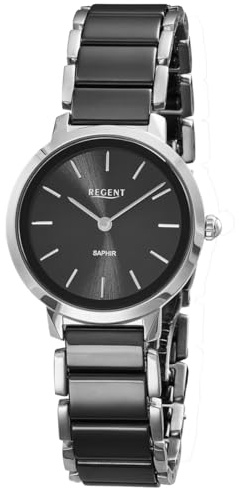REGENT F-1627 - Reloj de pulsera para mujer, acero inoxidable, plata, negro, cristal de zafiro, correa de cerámica, 30 mm, cuarzo