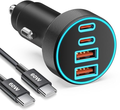 90W Caricatore Auto USB C, 4 Porte USBC and USB-A Caricabatterie con Cavo
