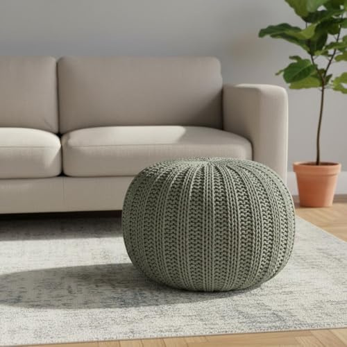 HomeRoots 710407 20 in. Green Cotton Cable Knit Round Pouf Ottoman