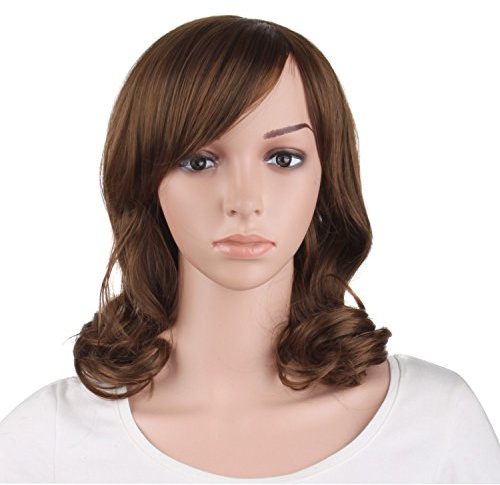 MapofBeauty 16 Pulgada/40cm Moda Flequillo Lateral Medio Rizo Pelucas (Ligero Marrón)