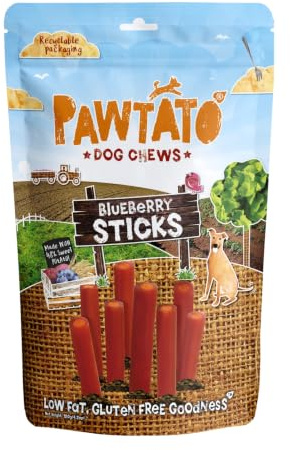 Pawtato Vegan Dog Sticks - Blueberry (1 x 120g) – Low Fat, Plant-Based Chews for Training & Reward | Hypoallergenic Rawhide Alternative Made with Sweet Potato & Rice