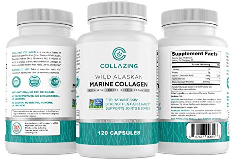 C COLLAZING - Alaskan Wild-Caught Marine Collagen Peptides with Hyaluronic Acid & Vitamin C - Supports Skin, Hair, Nails, Joints & Bones - Type 1 & 3 Collagen for Women & Men - 120 Powder Capsules